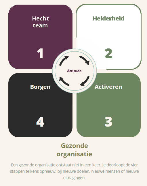 Het organisatiemodel: Hecht team, Helderheid, Activeren en Borgen rond de kern Attitude, samen leidend tot een gezonde organisatie